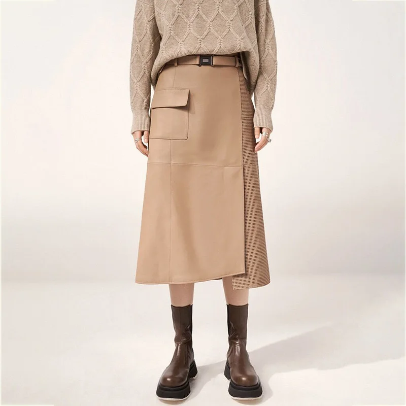 Leather leather skirt  autumn and winter new fashion sheepskin high waist belt mid length skirt with hip wrap skirt