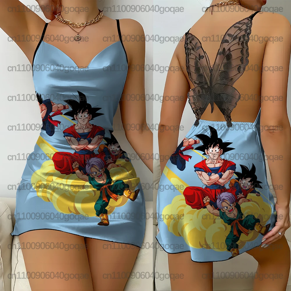 Camicia da notte/abito da salotto sexy in pizzo sottile di lusso da donna con stampa dolce e carina dei cartoni animati, abito sexy con scollo a V in pizzo con cinturino per spaghetti