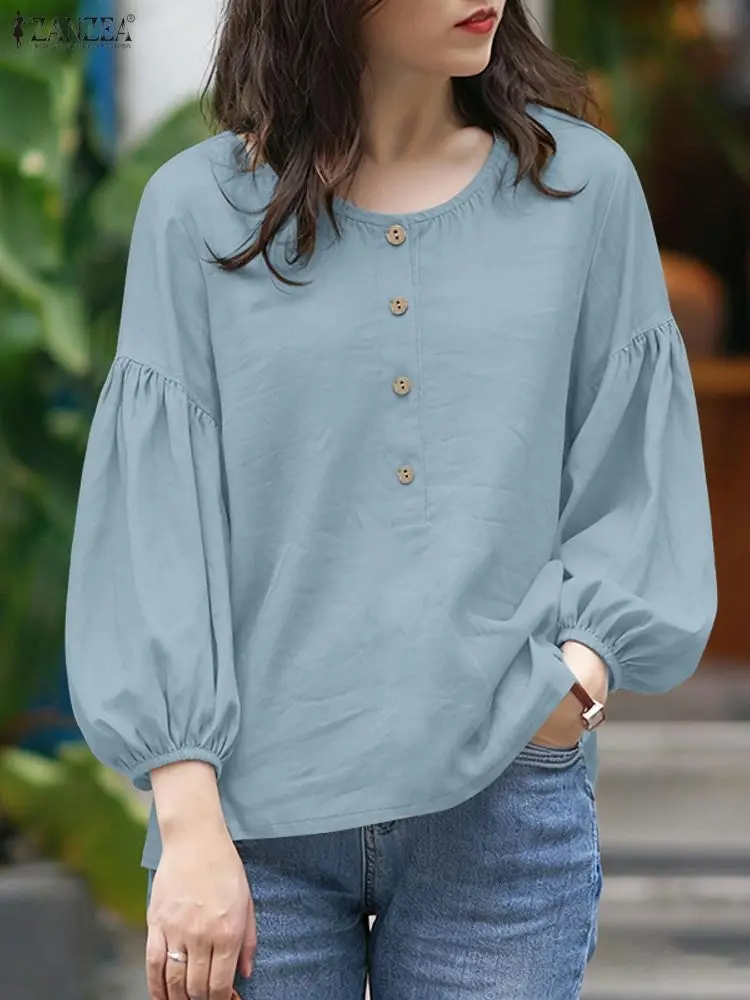 2026 ZANZEA Elegant 3/4 Lantern Sleeve Blouse Autumn Summer Women Tops Casual Solid Work Shirt Female O Neck Buttons Dwn Shirts