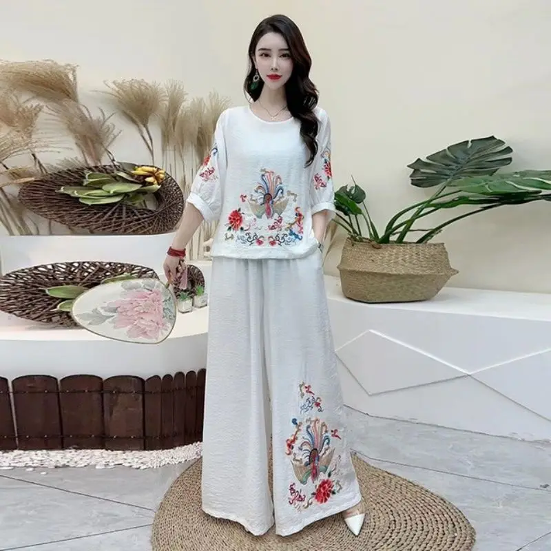 Mid Sleeved Shirt Wide-leg Pants Set Women Summer Embroidery Pullover Tops Thin Trousers 2-piece Suits FemaleTang Suits Outfits