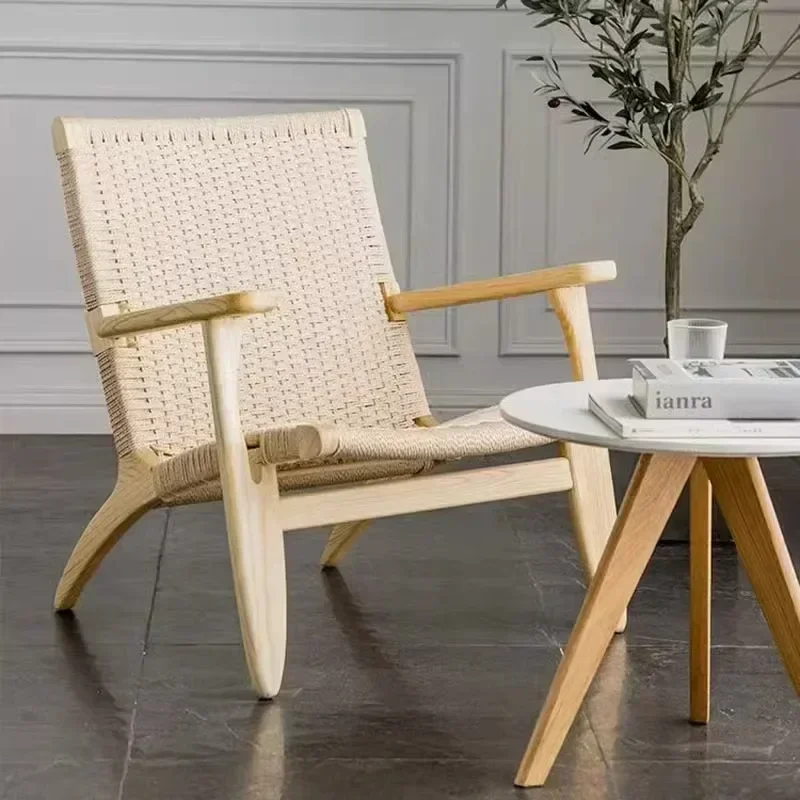 

Japanese Ins Single Sofa Chair Wicker Leisure Lazy Wicker Solid Wood Backrest Balcony Armchair Furniture