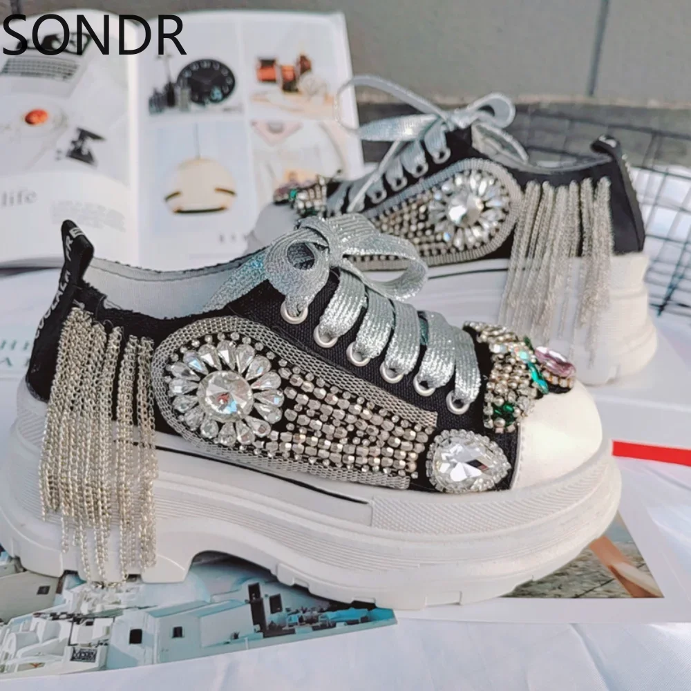 Womens Round Toe Rhinestones Sneakers Platform DIY Tassels Diamonds Casual High Heel Girls Gift Shoes Sport