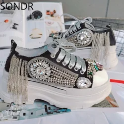 Womens Round Toe Rhinestones Sneakers Platform DIY Tassels Diamonds Casual High Heel Girls Gift Shoes Sport