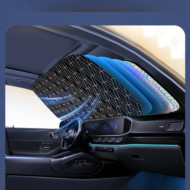 2026 New Model Car Sunshade Front Windshield Panel, Sun Protection and Heat Insulation Front Cover, Car Window Interior Sunshade Curtain, Thickened Laser Material, Non-Transparent