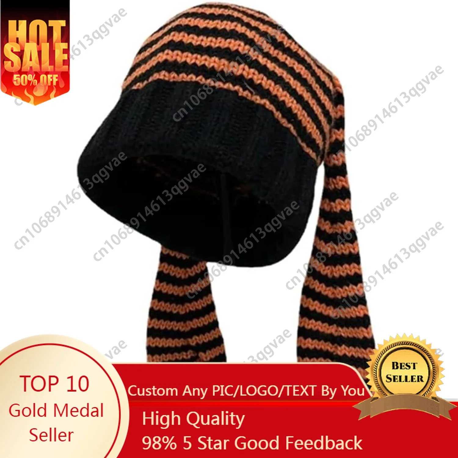 

Pbkabiug Crochet Hat Striped Long Ears Knitted Hats for Women Autumn and Winter Cute Warm Ear Protection Casual Beanies Caps