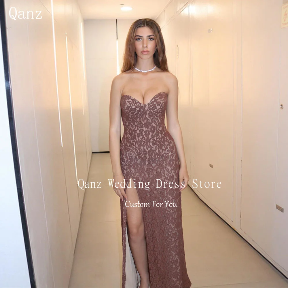 

Qanz Brown Lace Women's Formal Evening Gowns High Slit Mermaid Vestidos De Fiesta Elegantes Sweetheart Party Prom Customized
