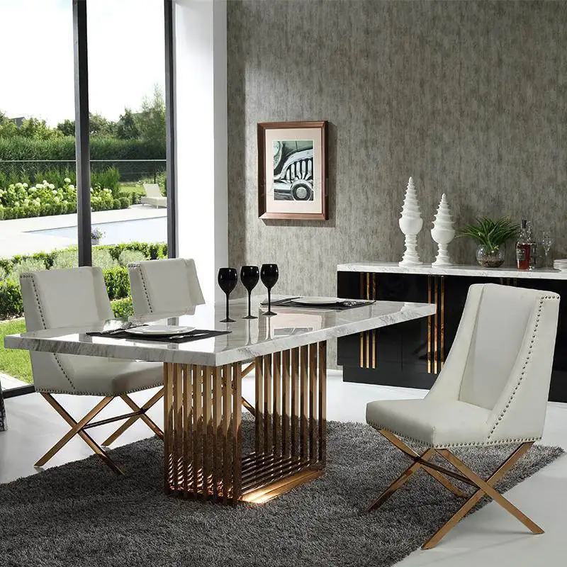 Dining table and chair combination stainless steel small apartment marble rectangular dining table household
