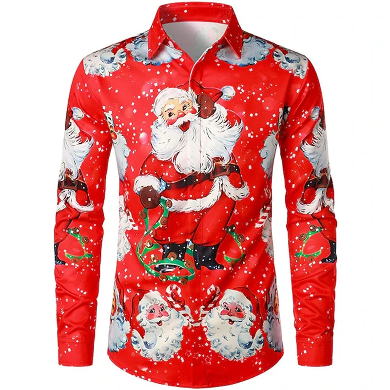 

Men's Santa Claus Print Collared Shirt, White, Black, Green, Light Green, Red, Street Style Long-Sleeve Button-Up Shirt