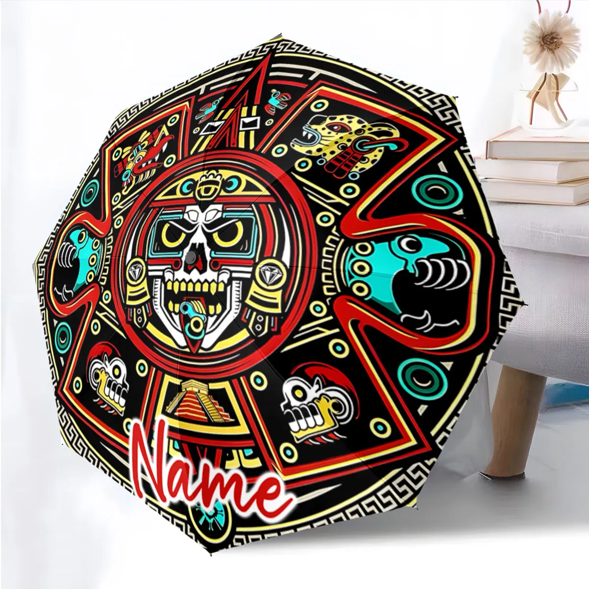 Custom Name Vibrant Aztec-designed umbrella with intricate Print 8 Iron Ribs Folding Umbrella Auto-Open Fashion Sunshade