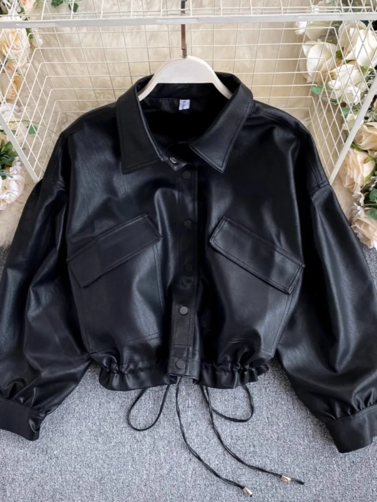Hikigawa Chic Fashion Women Korean Style Casual All Match Coats Vintage Big Pockets Slim Short Jackets Solid Outerwear Top Mujer