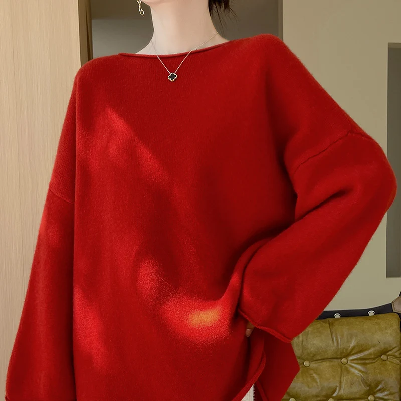 Autumn and winter new women\'s sweater 100% pure wool solid color O-neck cashmere fashion thickened loose plus size knit pullover