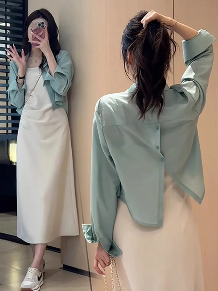 

Summer Beach Vacation Casual Loose Fit Women's Shirt Sun Protection Long Sleeve Short Length Pure Color Button down Top