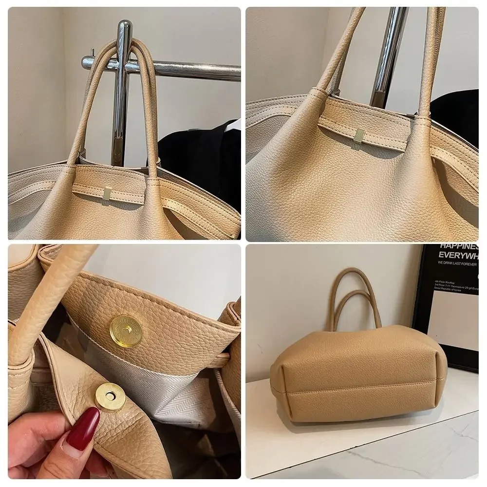 Luxuriöse Lychee-Muster Schultertaschen aus PU-Leder Einfarbige Damenhandtaschen Große Kapazität Tragetasche Reisehandtaschen – Detail 2