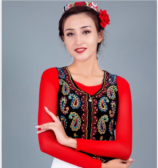 

Chinese Xinjiang Women Vest Rhinestone Embroidery Multicolor Tops Uyghur Dance Tradition Folk