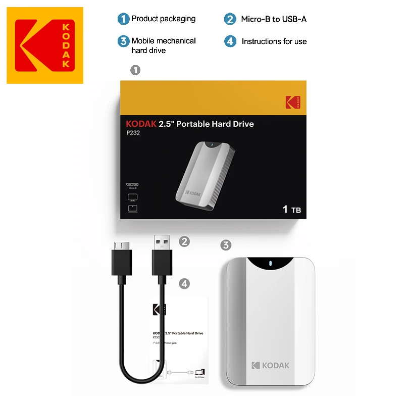 Kodak Portable Hard Drive P232 1TB 2TB USB 3.2 PHDD Up to 100M/s 2.5