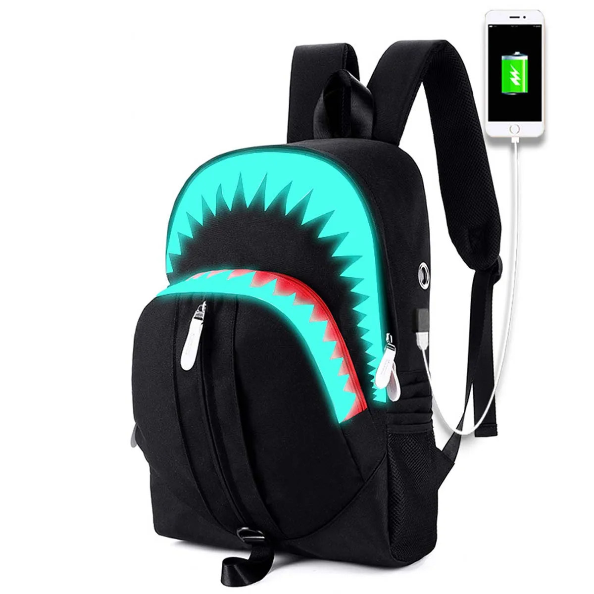 

Night Luminous Shark Mouth Pattern Daily Knapsack Teenagers School Bags Large Capacity Travel Bag Causal Men USB Laptop Backpack