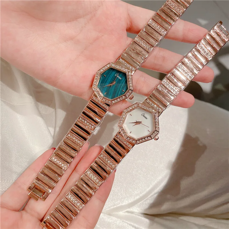 Cacaxi Rose Gold Sliver Watch Women Quartz Wristwatch Simple White Dial Square Clock Fashion Diamond Stainless Steel Green Reloj