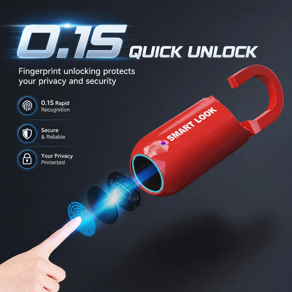Smart Fingerprint Padlock for Dorm Locker USB Rechargeable Keyless Biometric Thumbprint Padlock for Gym School Suitcase Backpack