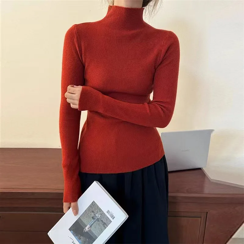 2025 suéter de color caramelo para Otoño Invierno nuevo suéter de punto ajustado de estilo extranjero Simple de punto para mujer