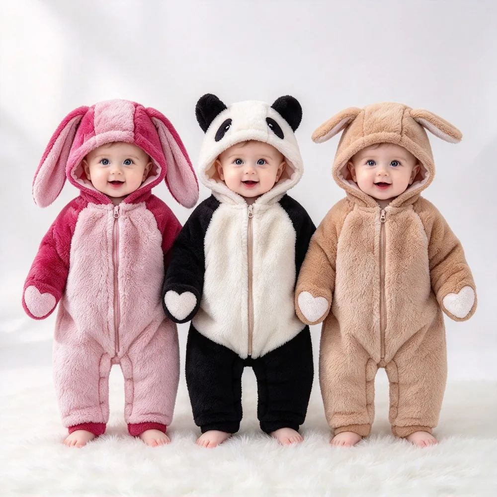 Cute Baby Hooded Romper 0-12 Months, Fluffy Coral Fleece Animal Onesie, Panda Bunny Cartoon Jumpsuit, Warm Infant Bodysuit