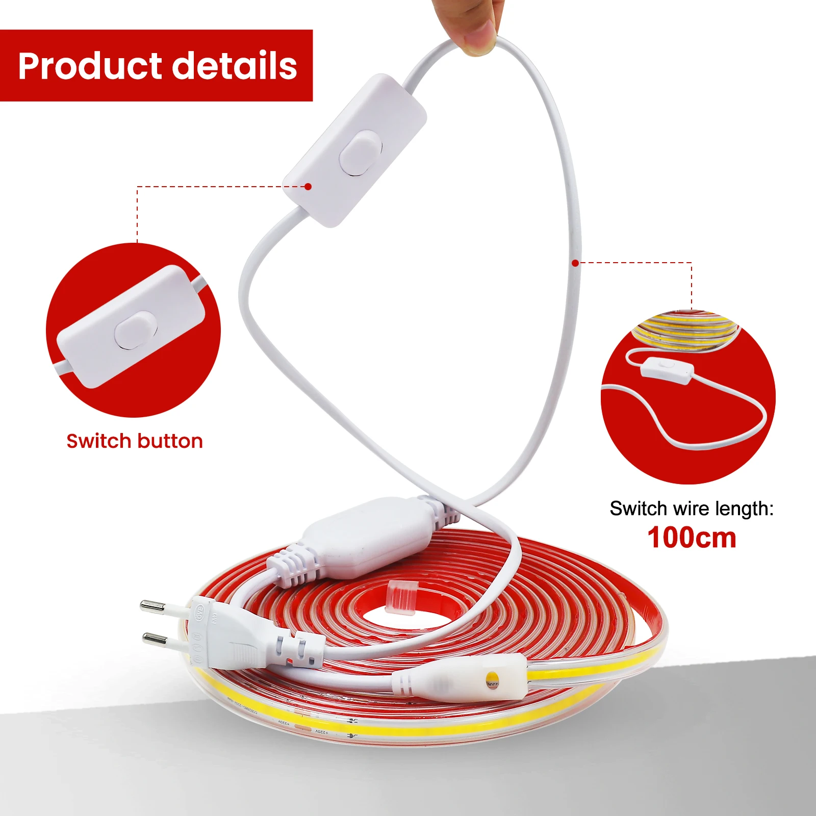 220V COB LED Strip 220V Flexible LED Tape with Adhesive Tape 288LEDs High Density Linear Light Waterproof COB Light Switch Plug