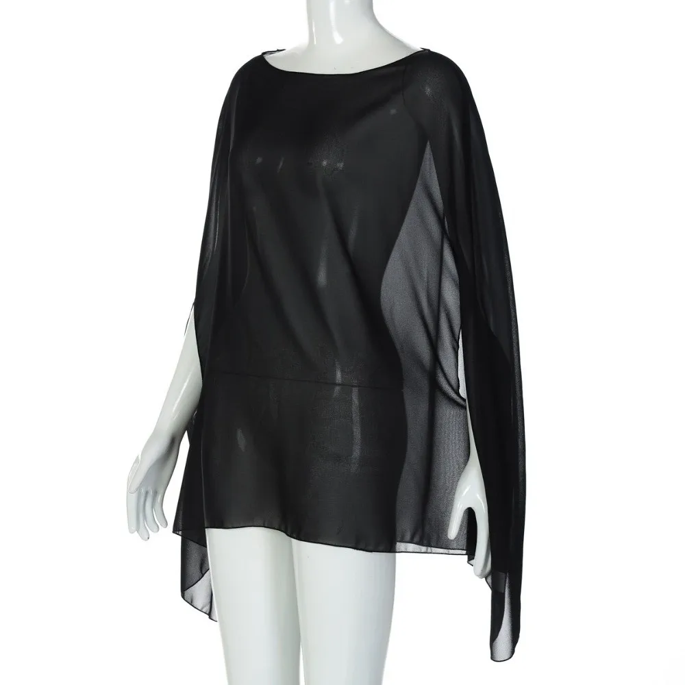 Elegant Chiffon Smock Top O-Neck Solid Color See Through Top Oversized Loose Fit Long Sleeves Cover-up Beach Vacation