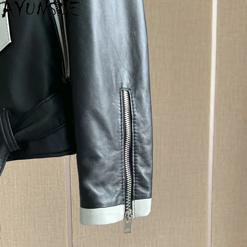 AYUNSUE 100% ของแท้Sheepskinหนังสตรีแฟชั่นรถจักรยานยนต์หนังแจ็คเก็ตเสื้อผ้าผู้หญิง 2025 ฤดูใบไม้ร่วงAbrigo Mujer