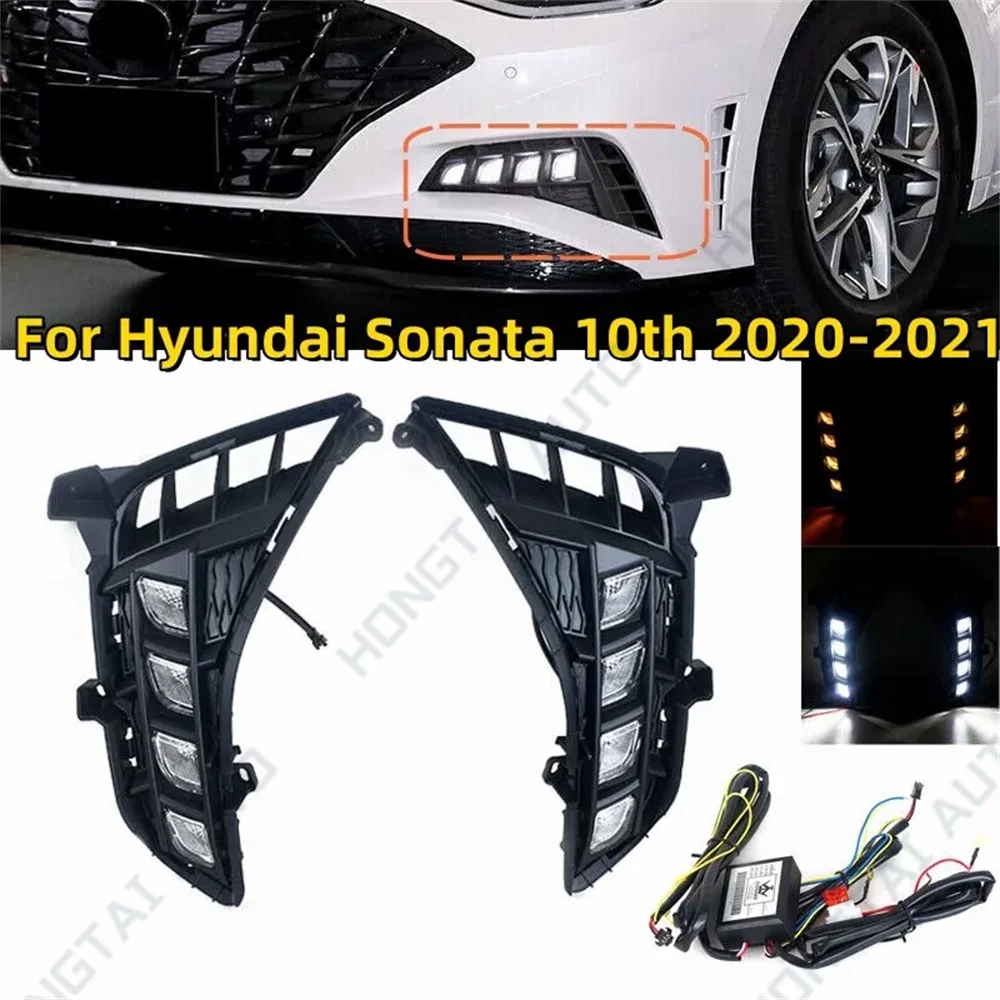 Daytime Running Light DRL Streamer Turn Signals For Hyundai Sonata 10th 2020 2021 2022 2023 LED White Front Bumper Scanning DRL