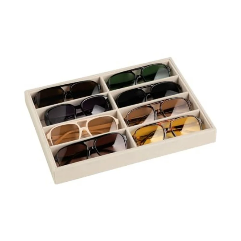 Sunglasses Organizer Storage Tray 8 Grids Eyewear Watch Holder Display Stackable Ice Velvet Tray Women( Beige )