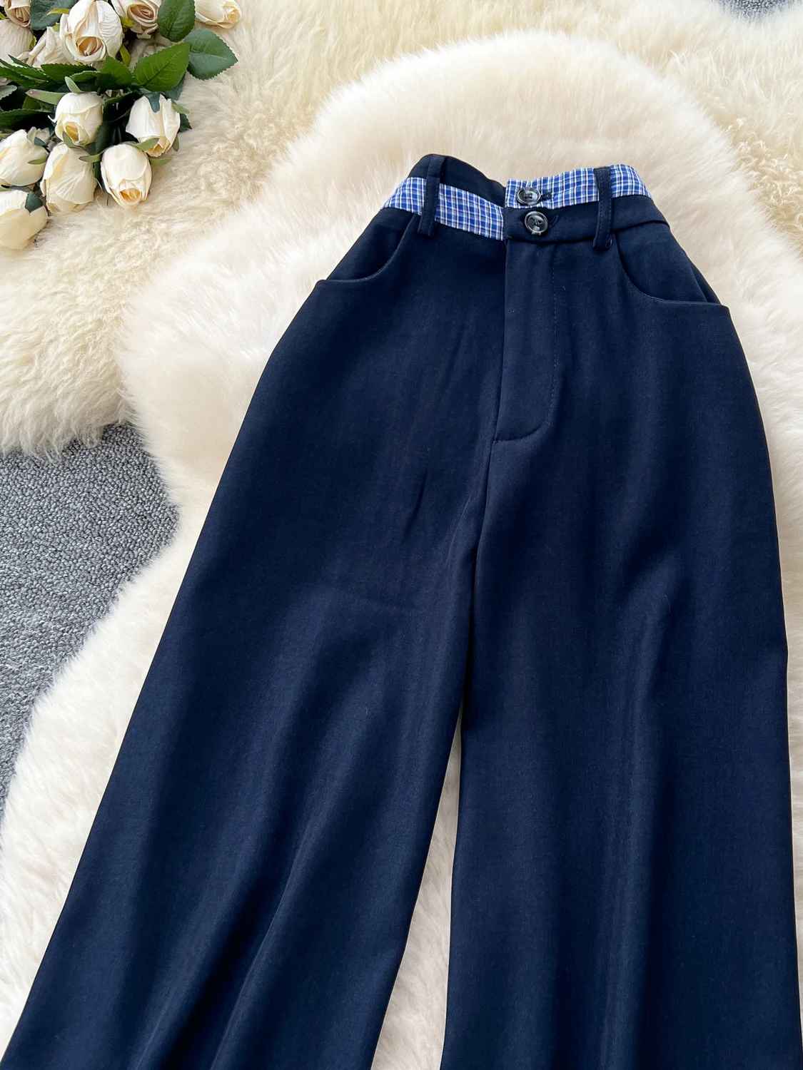 ハイウエストワイドレッグパンツ レディース ルーズ パッチワーク チェック柄 カジュアルスーツパンツ レトロ スタイル ハイウエスト ポリエステル繊維 レディースパンツ...