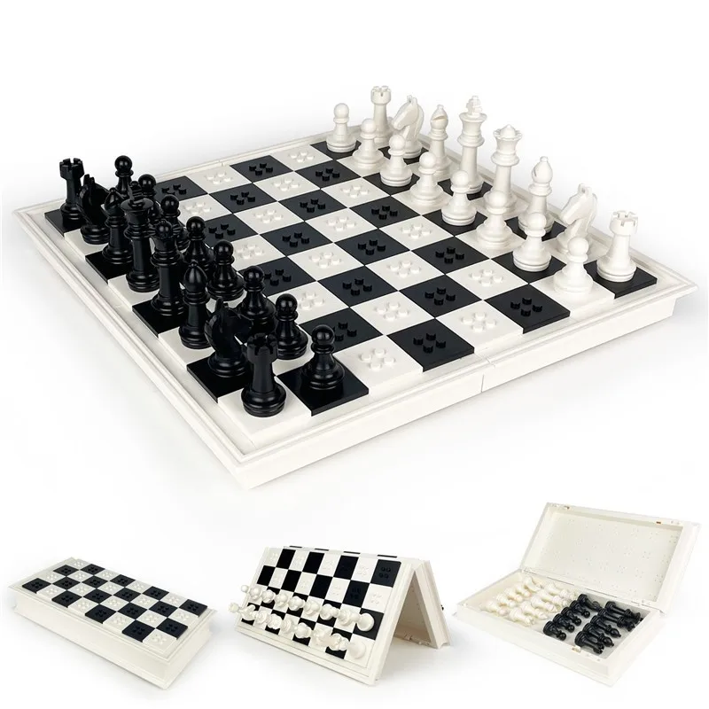 흰색 체스 세트, 보관 상자가 있는 프리미엄 접이식 빌딩 블록, 흑백 디자인, 어린이를 위한 탁상 게임 장난감