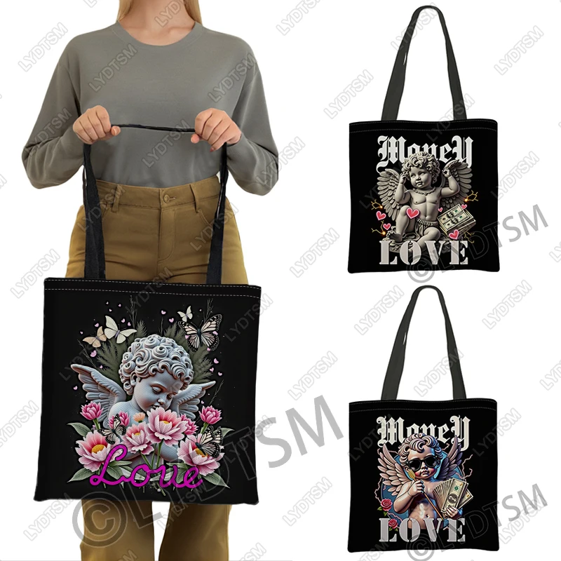 Cute Angle Love Money Themed Print Shoulder Bag Women Casual Handbags Large Capacity Tote Bag Reuseable Shopper Bags