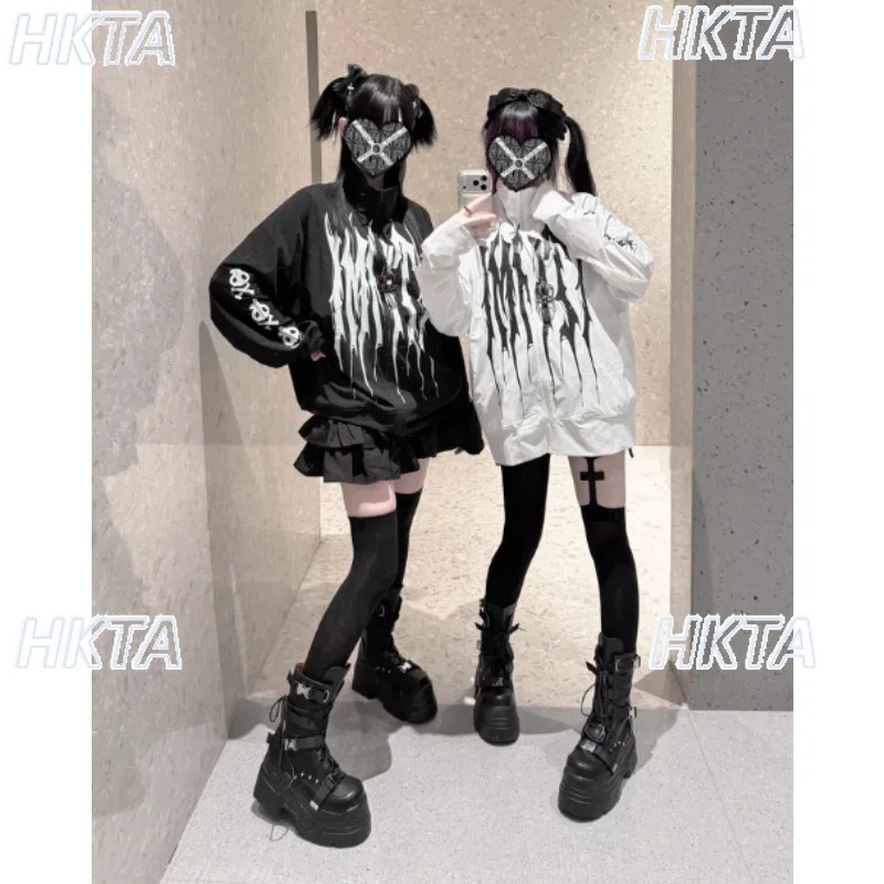 Dark Goth Stand Up Collar Long Sleeve Sunscreen Coat Loose Print Jacket Subculture Y2k Punk Retro Personality Hoodie Coats Women