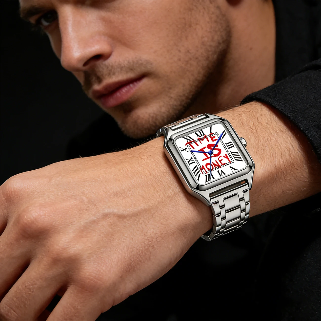 TIME IS MONEY Quartz Watch Men's Fashion Stainless Steel Alloy Square Dial Watch Waterproof High End Business Quartz Watch