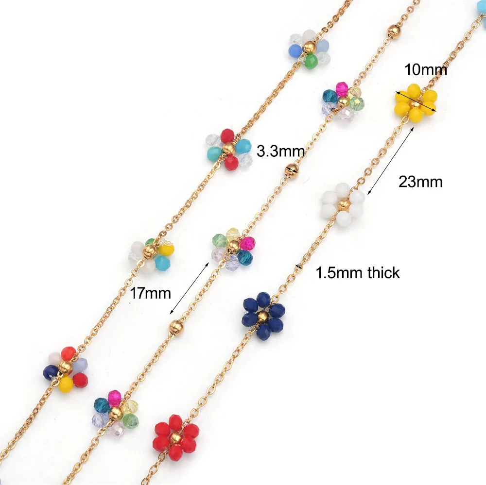 1M Gold Plated Chain for Jewelry Making Stainless Cross Chain Colorful Crystal Flower Link Chain Necklace Bracelet DIY for Women