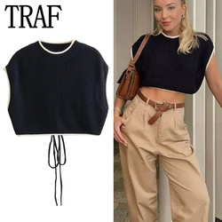 TRAF Cropped Knitted Vest Women Backless Sleeveless Vest Woman O-Neck Pullovers Fashion Short Sweaters Vests Autumn Knit Top