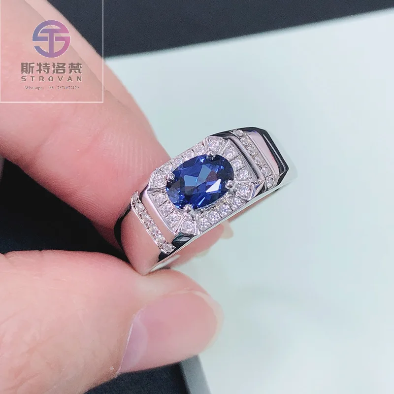 Classic 925 Sterling Silver 18K White Gold Blue Stone Egg Shape Claw Zircon Ring 1 Carat Lab Grown Diamond Ring for Men
