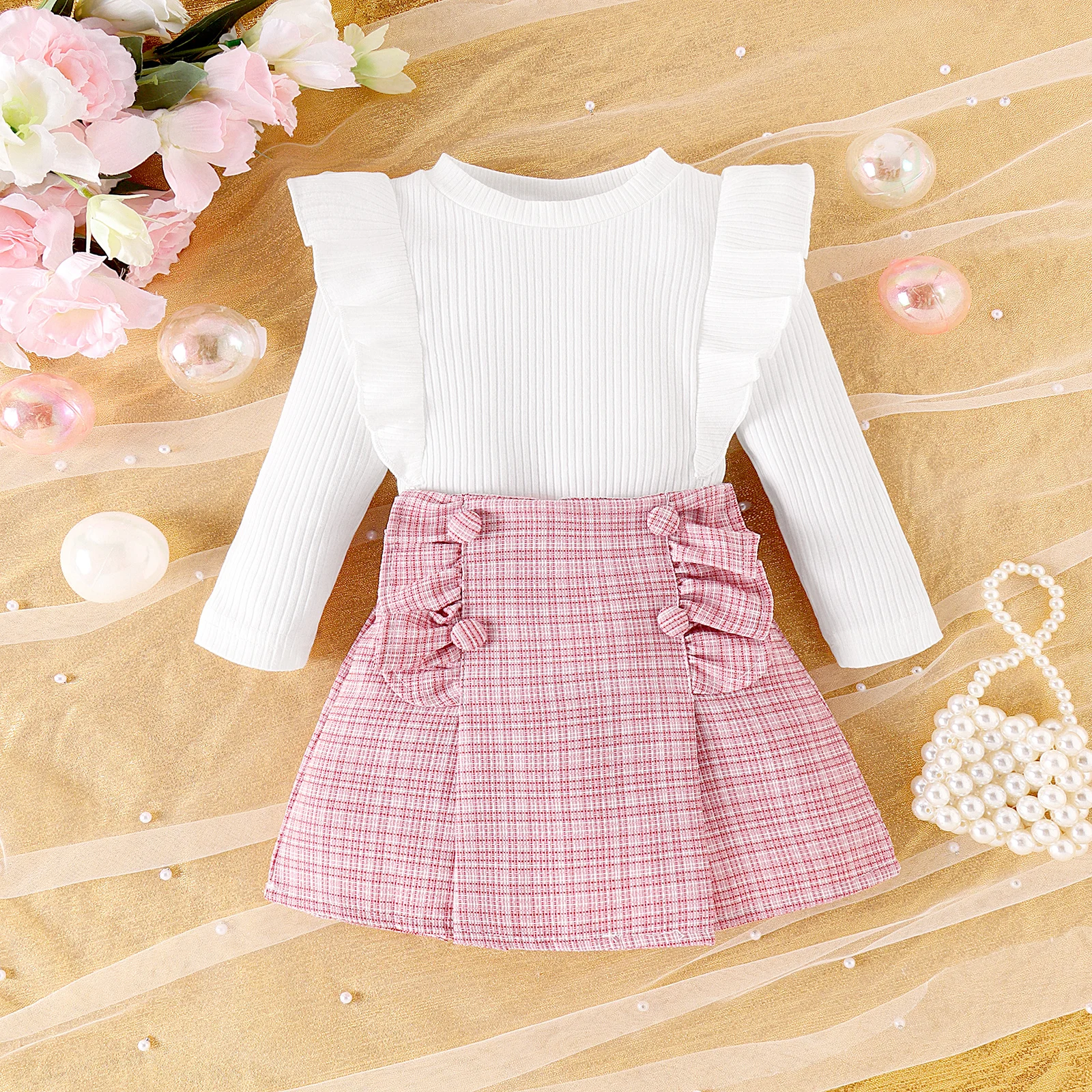 2PCS Autumn New Style 1-4 Year Old Girl Baby Comfortable Fashionable Foreign Style Round Collar And Pit Top + Plaid Skirt Suit