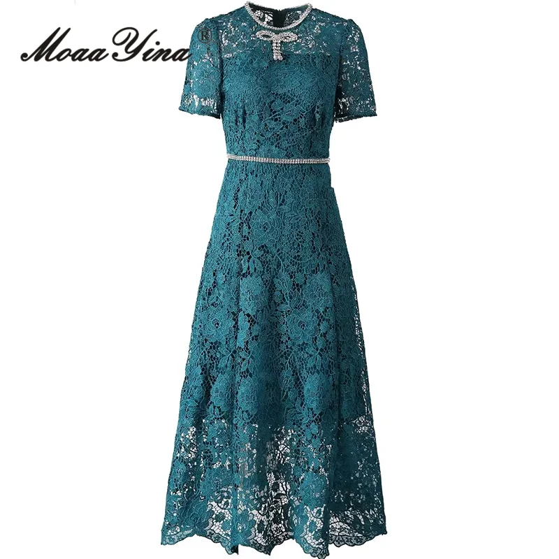 

MoaaYina Fashion Design Women's Dress Summer Short-Sleeved High Waiste Diamond Chic Lace Hollow Out Vintage Solid Color Dresses