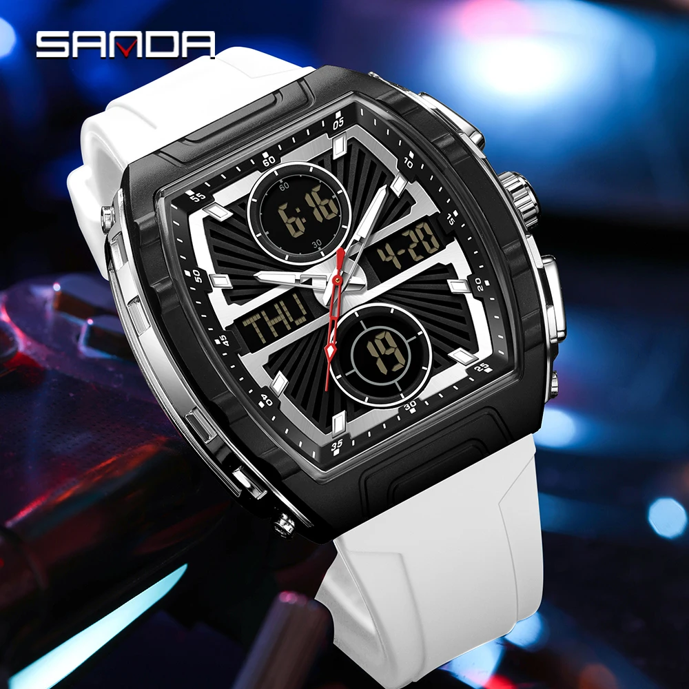 SANDA جديد 6231 ساعة رجالي إلكترونية موضة رقمية متعددة الوظائف ساعة سيليكون مقاوم للماء تاريخ أسبوعي ساعة رجالي