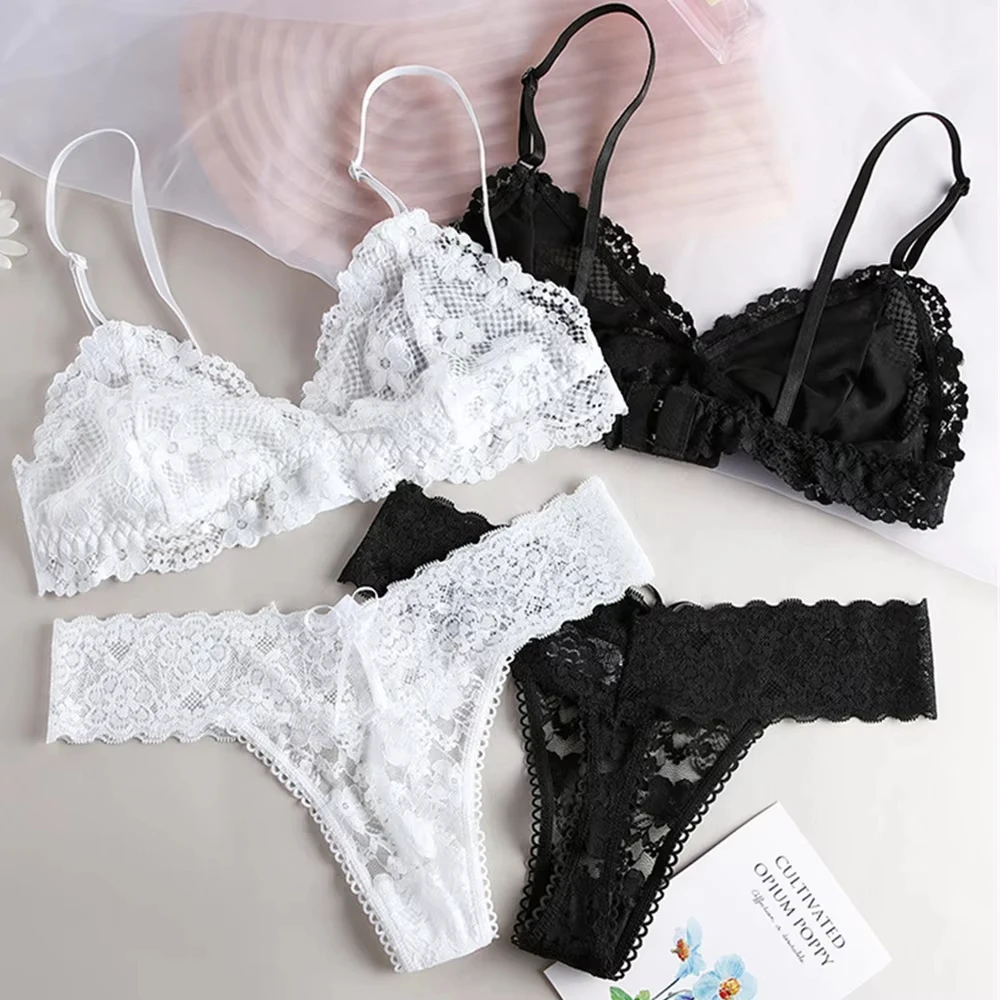 Deep V-Neck Bra Set Sexy Loopless Underwear Deep Thong Bra Set Transparent Seamless Women's Underwear ﻿Lace Without Steel Ring