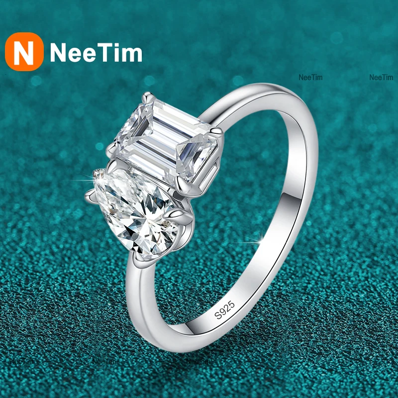 

Кольцо NeeTim с муассанитом изумрудной огранки, обручальное кольцо для женщин, с двумя камнями, из стерлингового серебра 925 пробы с позолотой, свадебное кольцо