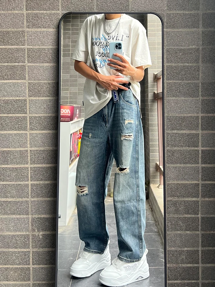 

Blue Ripped Denim Jeans Men's Summer Loose Straight Casual Pants Vintage Wa Long Trousers Youthful Wear Resistant Cotton Po...