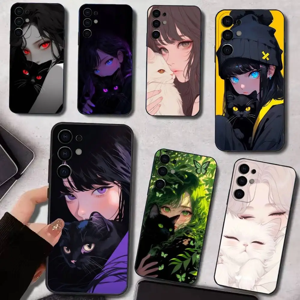 

The girl and the cat Phone Case For Samsung S25,S24,S21,S22,S23,S30,Ultra,S20,Plus,Soft Silicone Black Cover