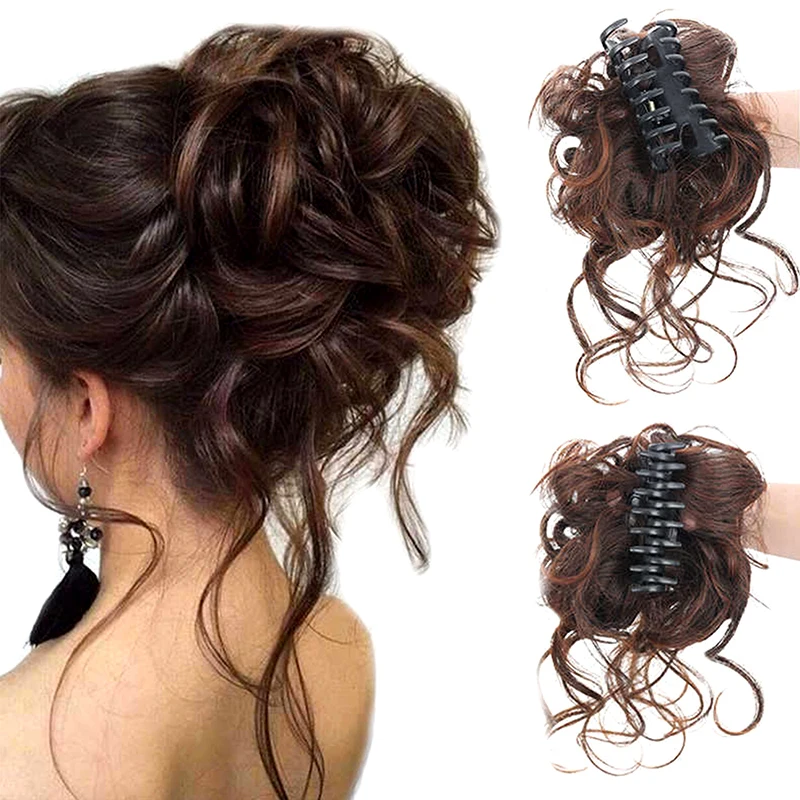

Messy Claw Clip Chignon in Light Brown; Women's Synthetic Curly Hair Extensions Bun with Tail