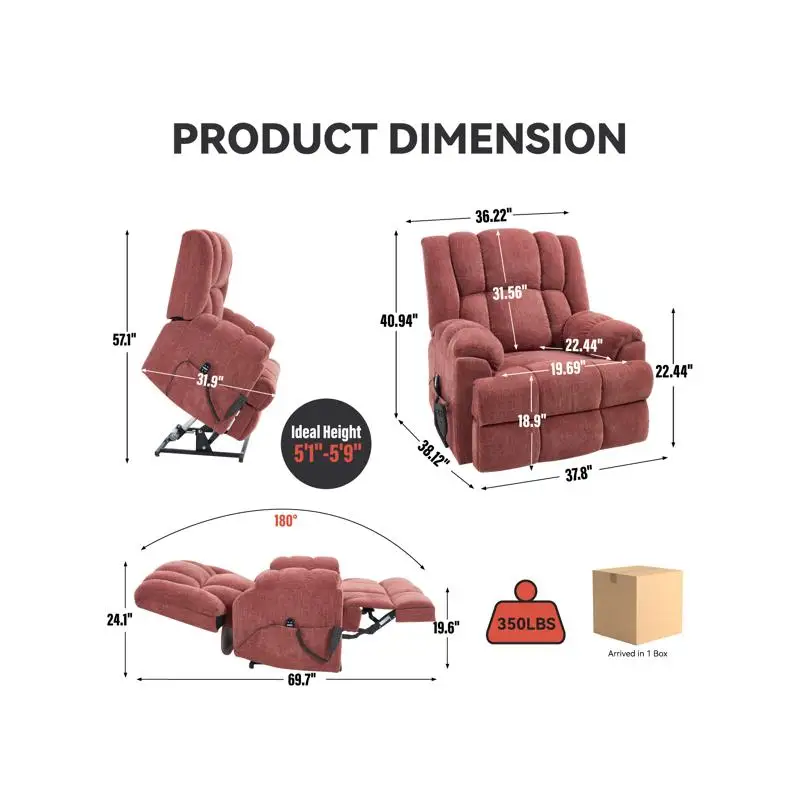 كرسي رفع طاقة بمحرك مزدوج مع حرارة وتدليك، وضع لا نهائي، شديد التحمل حتى 350 رطلًا، متوسط الحجم، جهاز تحكم عن بعد،