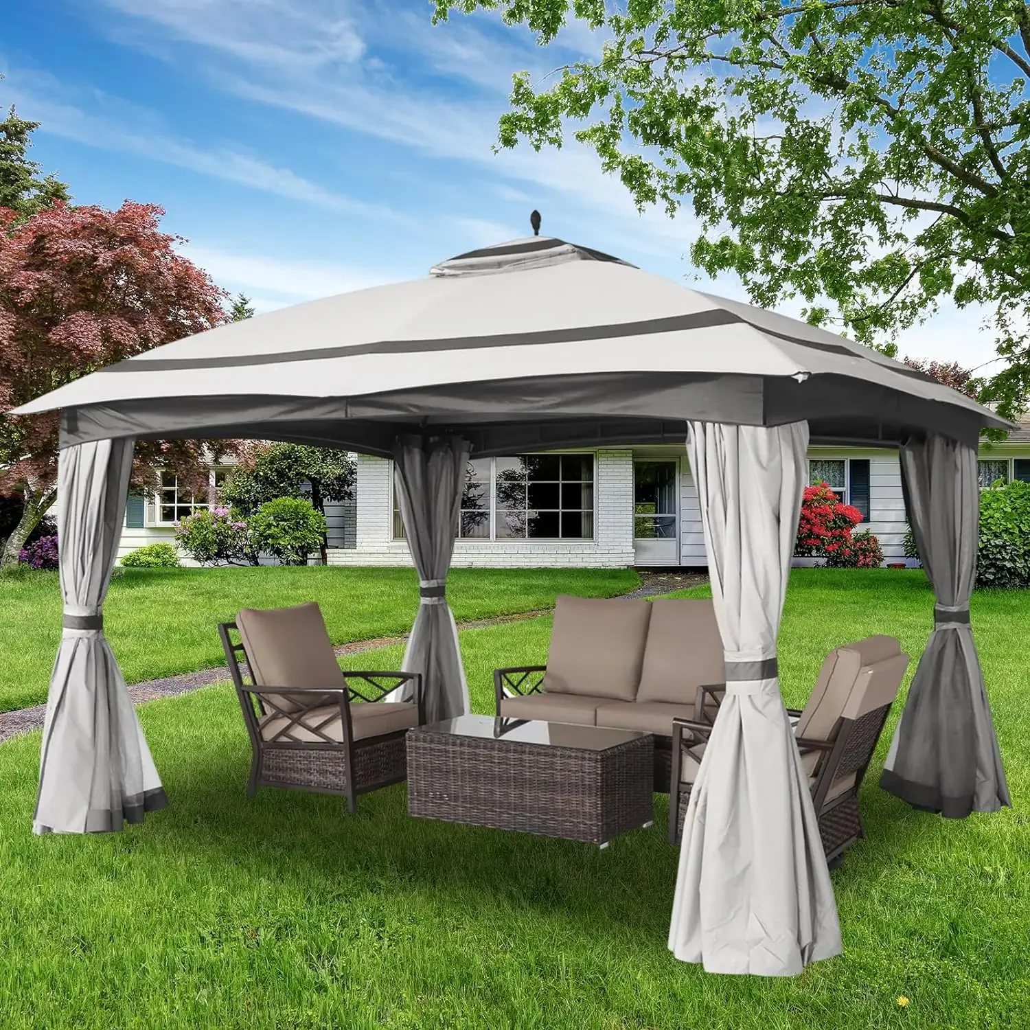 11x13 Gazebo for Patio, Gazebo with Curtains & Netting & Sandbags, Double Tier Roof Round Leg Marquee Canopy for Garden, Deck, B