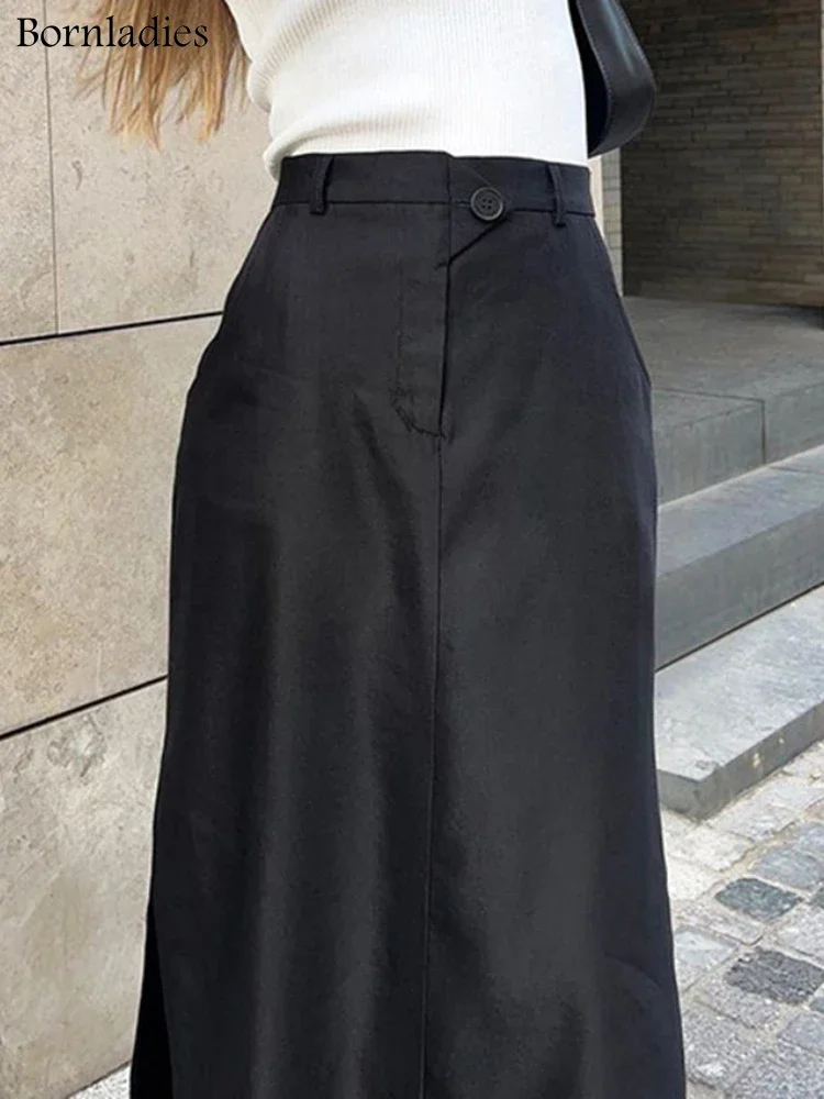 Bornladies 2022 Women\'s Vintage Elastic Waist Buttons  Skirts Summer Female Casual Cotton Black Split Long Skirts