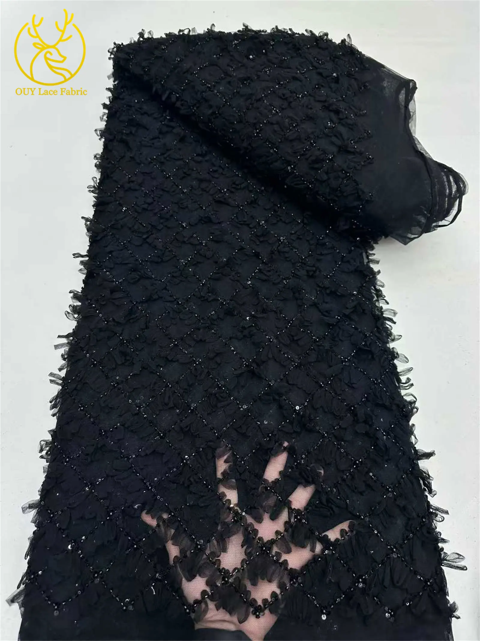 Lila Flieder 3D-Spitzenstoff 2026 Hochwertiger Afrikanischer Pailletten-Perlen-Spitzenstoff für Damen-Abendkleider Nähen 5 Yards – Detail 14