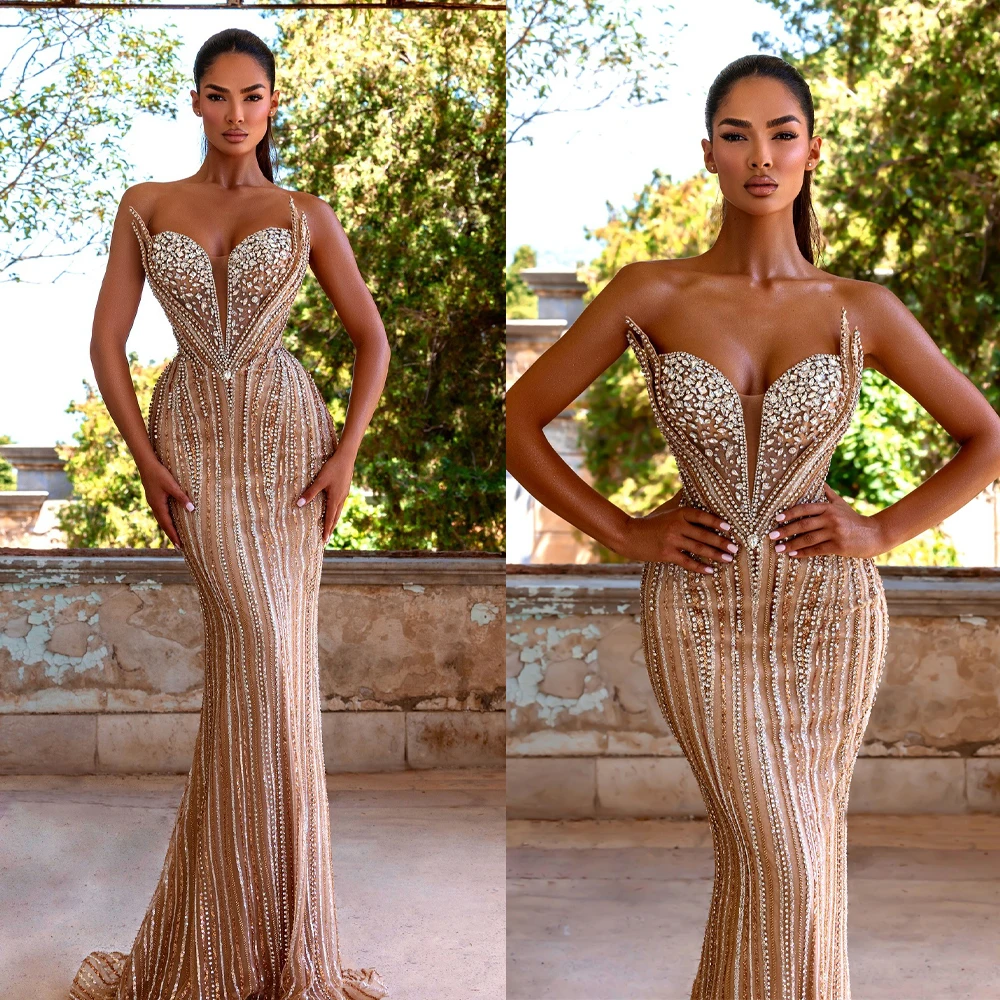 

Luxury Strapless Evening Dresses Crystal Beading Prom Gown Sleeveless Princess Mermaid Party Dress Customized Vestidos De Noche